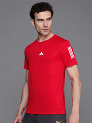 URBAN WOLFS men's red dry-fit t-shirt on male model, short-sleeve athletic fit with moisture-wicking fabric for workouts