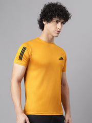 Vogues dry fit premium t shirt mustard gold athletic crew neck short sleeve on model