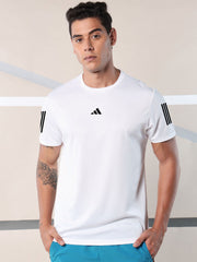 URBAN WOLFS men's white mesh dry-fit tee on male model with crew neck short sleeves and logo