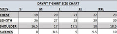 URBAN WOLFS dryfit t-shirt size chart for men's dry-fit black tees showing measurements S to XXL chest length shoulder sleeves