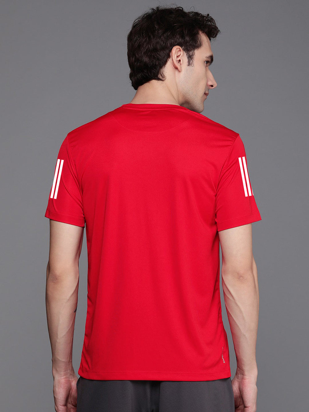 URBAN WOLFS men's red dry-fit t-shirt back view on model breathable athletic tee with sleeve stripe details