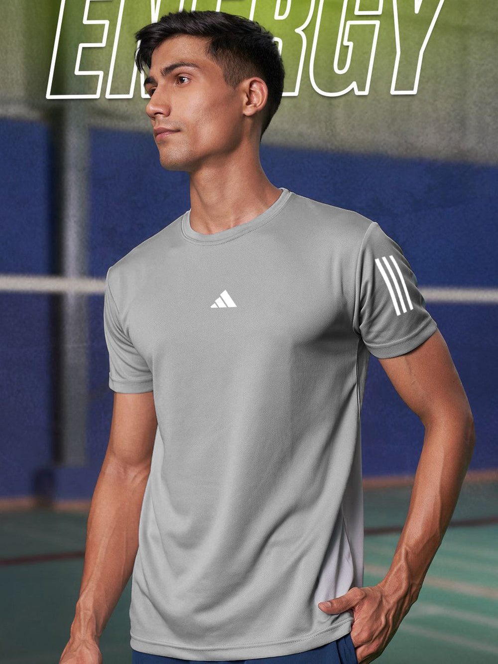 URBAN WOLFS men's grey dry-fit gym tee worn by athletic male model on indoor court, breathable fit
