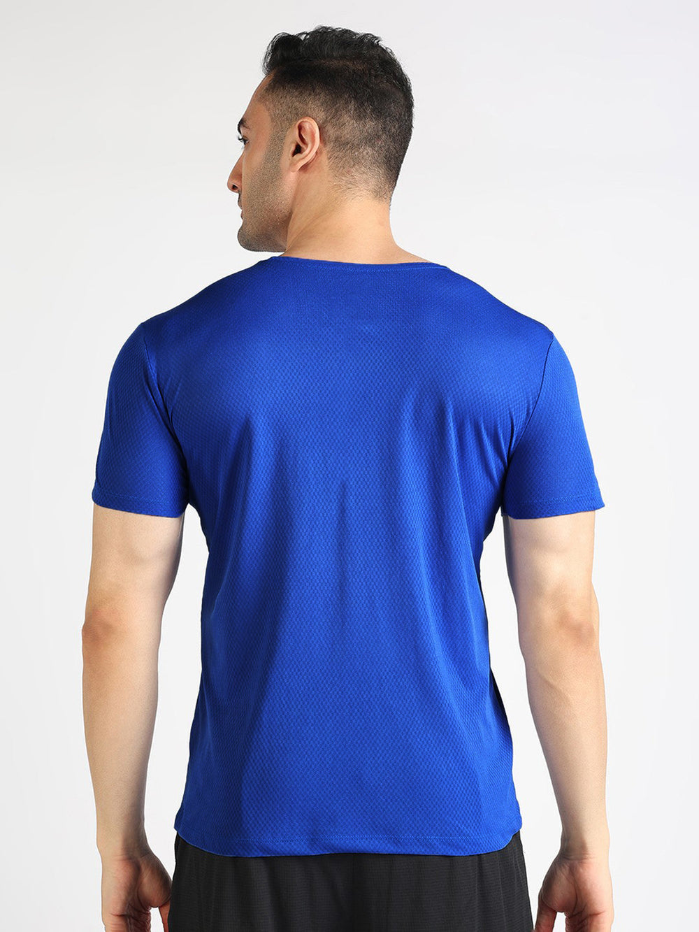 URBAN WOLFS men's blue dry-fit mesh t-shirt back view on male model short sleeves athletic fit