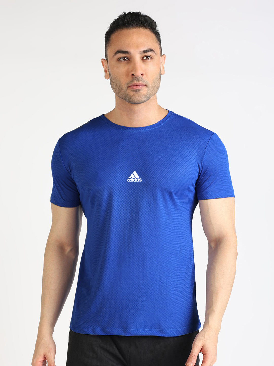 URBAN WOLFS men's blue dry-fit mesh t-shirt on model breathable short sleeve athletic fit