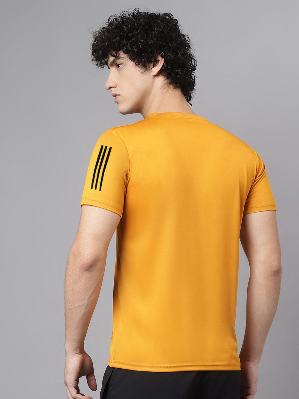 Wear Up men's dry fit premium t shirt mustard yellow back view with three black sleeve stripes athletic fit