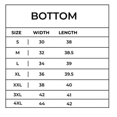 URBAN WOLFS Loose Bottom size chart showing width and length measurements for men's beige baggy joggers S to 4XL