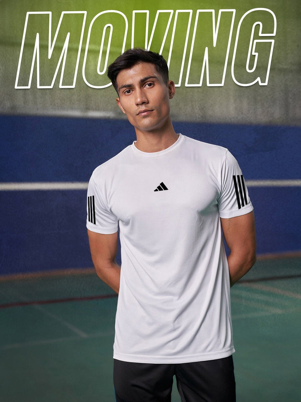 URBAN WOLFS men's white mesh dry-fit tee on athletic male model in indoor court for training