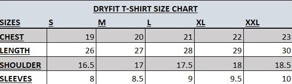 URBAN WOLFS dryfit t-shirt size chart for men's dry-fit black tees showing measurements S to XXL chest length shoulder sleeves