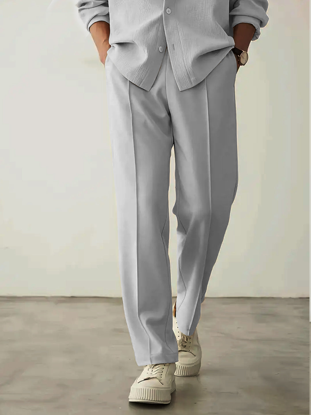 URBAN WOLFS men's light grey baggy joggers relaxed straight leg with front crease worn with casual shirt and sneakers